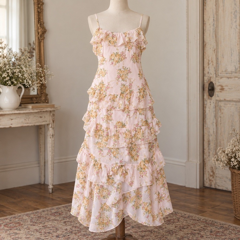 Wild Fable Pink Floral Tiered Ruffle Maxi Dress XXL Cottagecore Sleeveless New